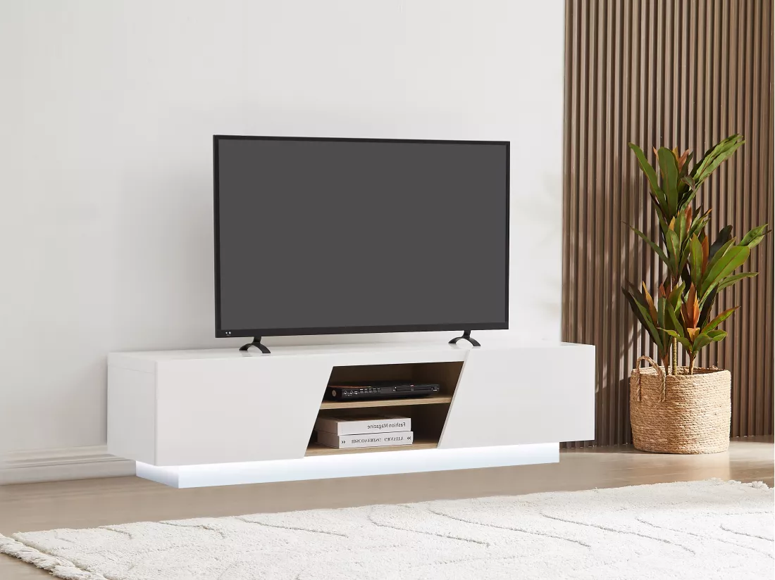 Meuble TV 2 portes et 2 niches avec LEDs en MDF - Blanc - MANIOLO