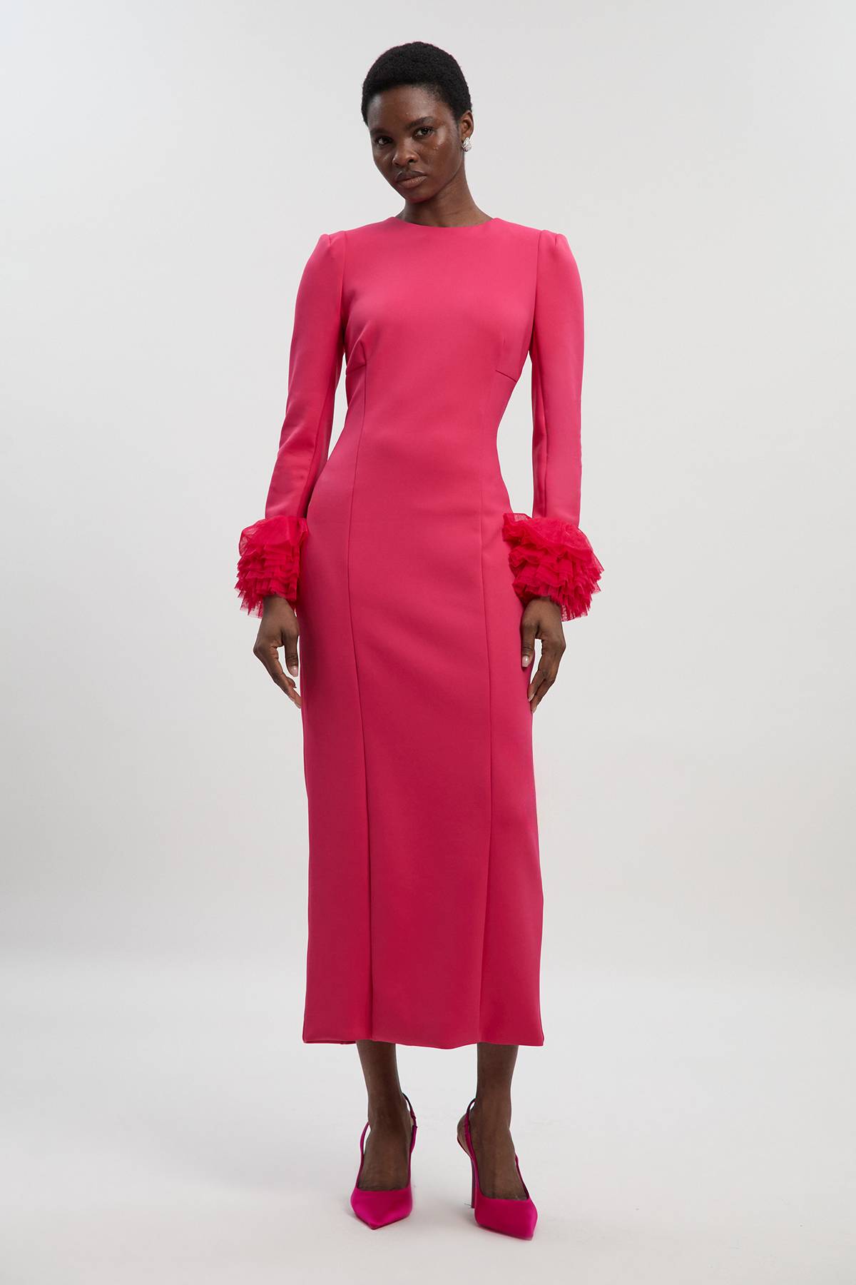 KarenMillen Robe Midi Tissée en Scuba avec Détail de Tulle aux Poignets