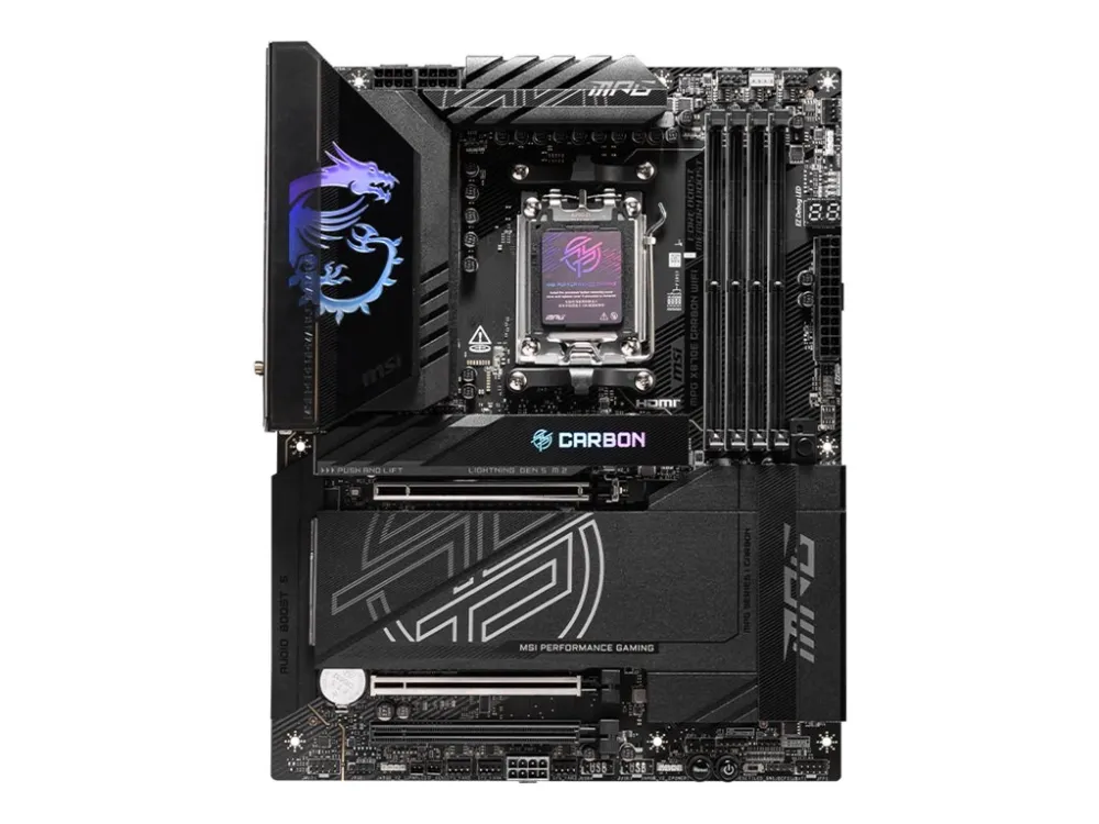 MSI MPG X870E CARBON WIFI - Bundkort - ATX - Socket AM5 - AMD X870E Chipset - USB 3.2 Gen 2, USB4, USB-C 3.2 Gen 2x2 - 2.5 Gigabit LAN, 5 Gigabit Ethernet, Wi-Fi 7 - onboard grafik (CPU påkrævet) - HD Audio (8-kanaler)