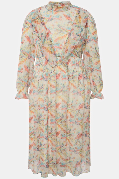 Midikleid, A-Line, Print, Rüschen-Stehkragen, Langarm