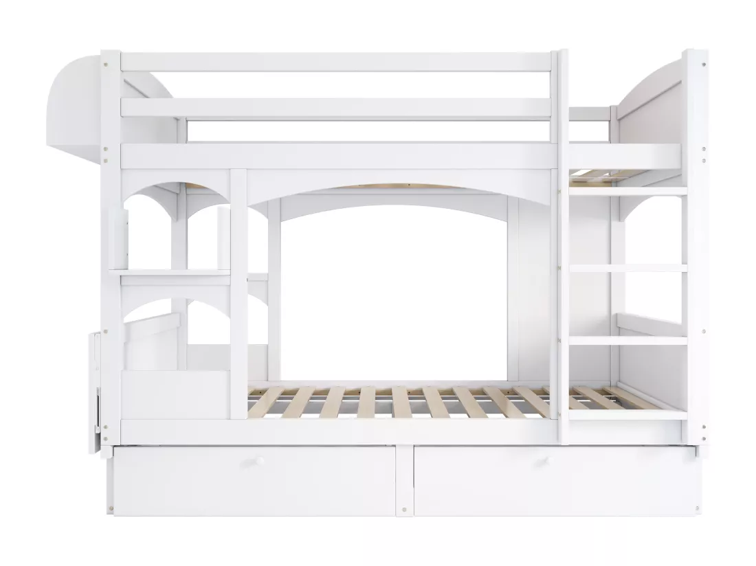 Lit superposé blanc pour enfants 90*200, en bois massif, avec table pliante et étagère, avec échelle et 2 tiroirs, sans matelas