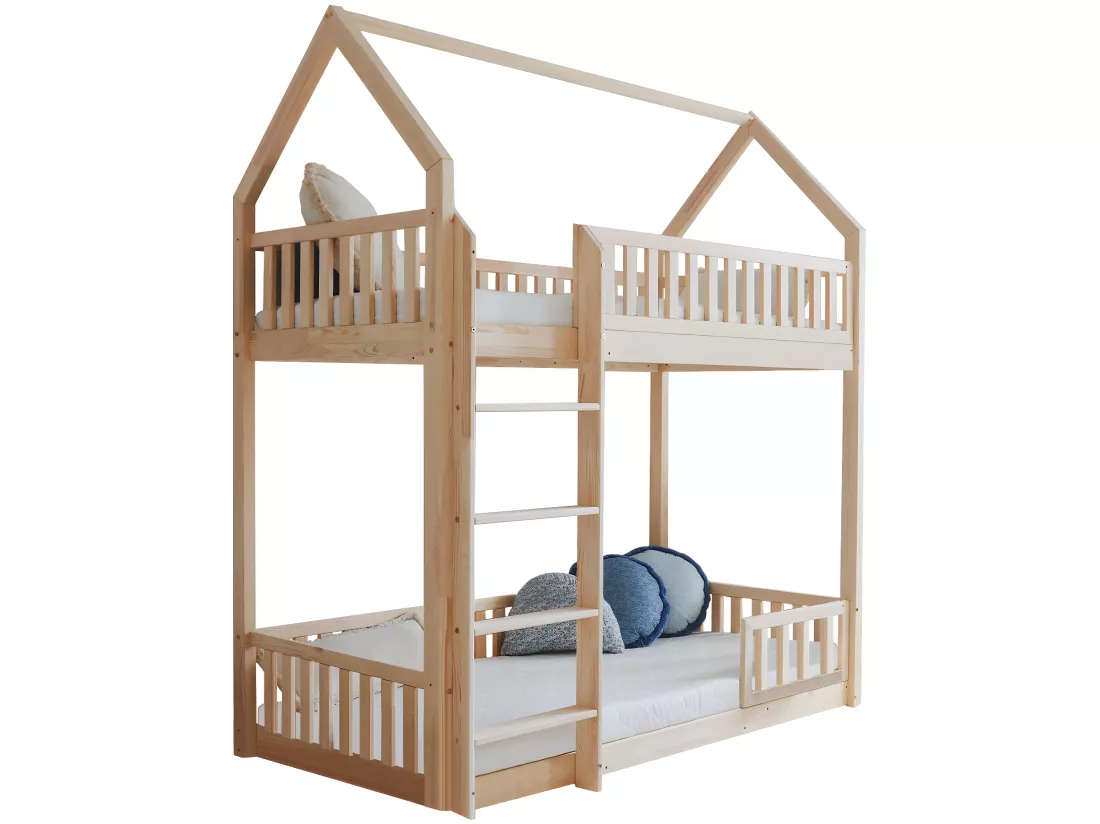 Lit cabane superposé 90x190 barrière et sommier inclus pieds 1 cm Daisy Bois