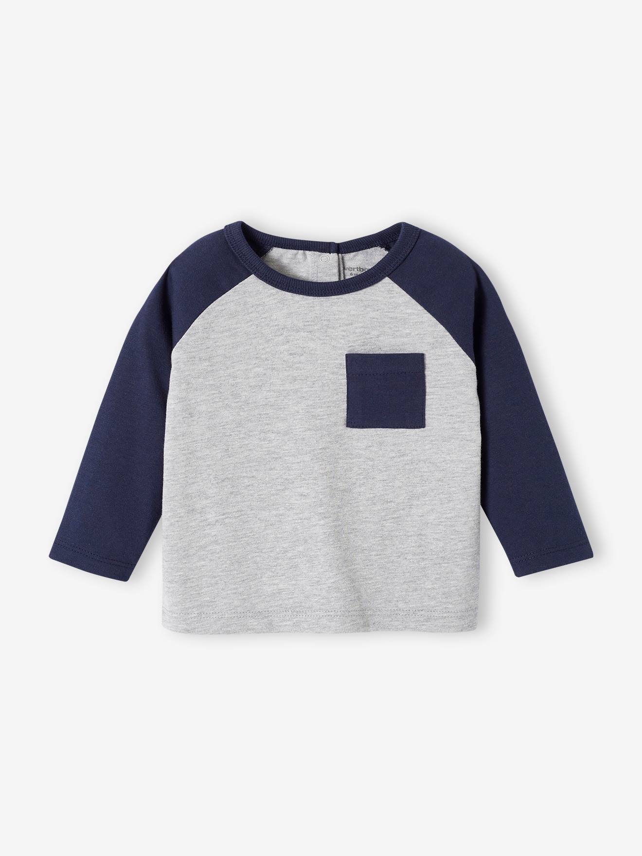 Camiseta infantil de manga raglan com blocos de cores, cinza mescla claro.