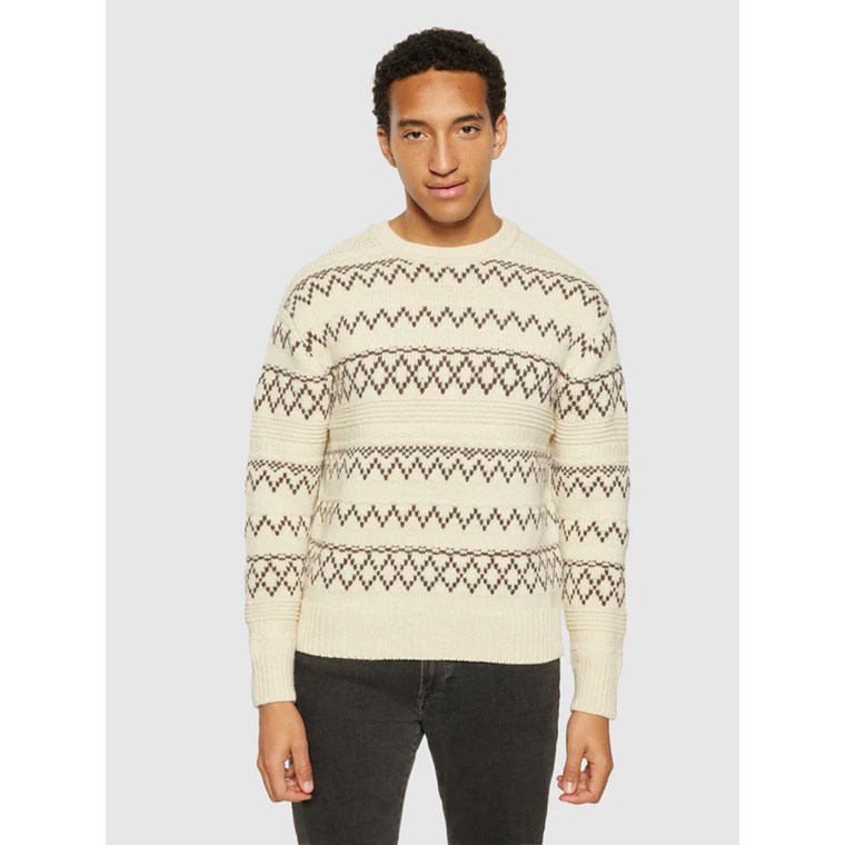 KnowledgeCotton Apparel Knitted Pattern Crew Neck Beige Stripe