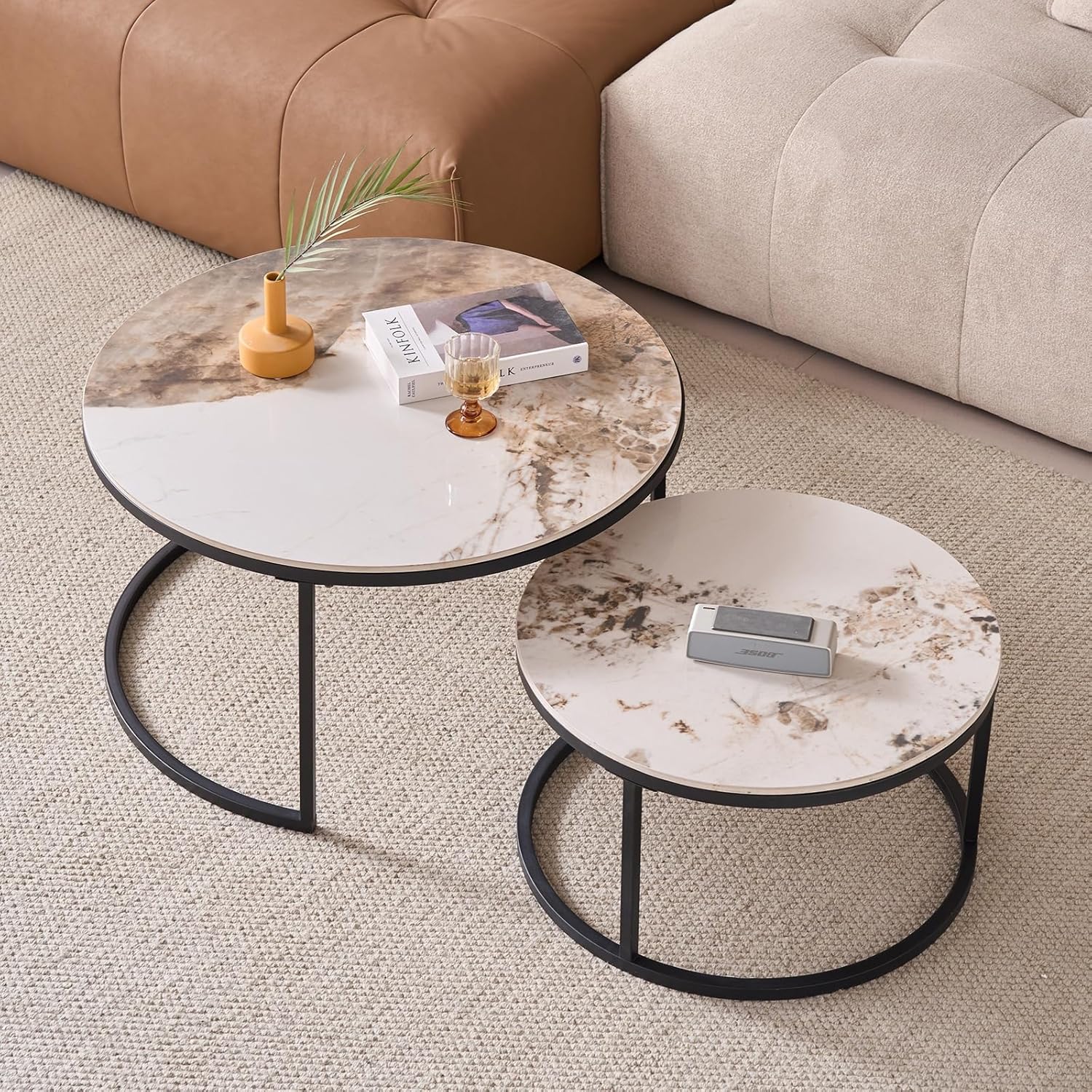 2er-Set Runder Couchtisch, Pandora Sinterstein Wohnzimmer-Beistelltisch, Nordischer Couchtisch – Schwarzer Metallrahmen