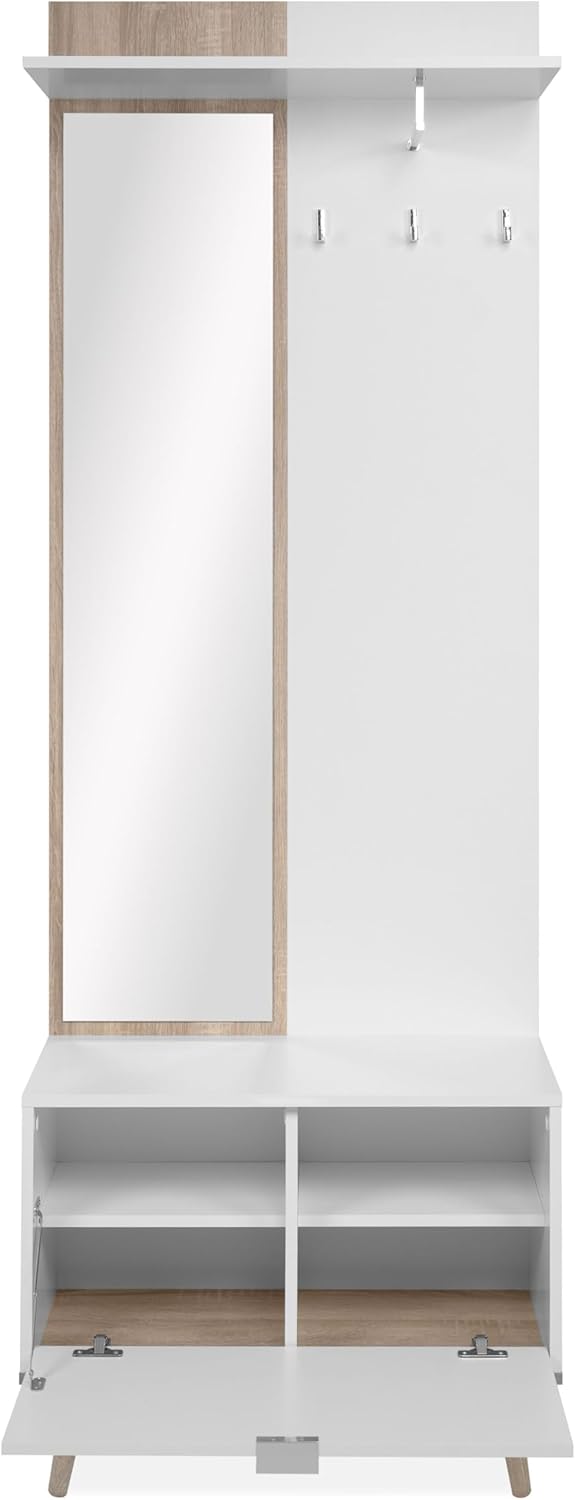 Göteborg 42A Kompaktgarderobe, mit Hutablage, Spiegel und Kleiderstange in weiß/Dekor Sonoma Eiche Maß: B x H x T ca. 70 x 200 x 32 cm
