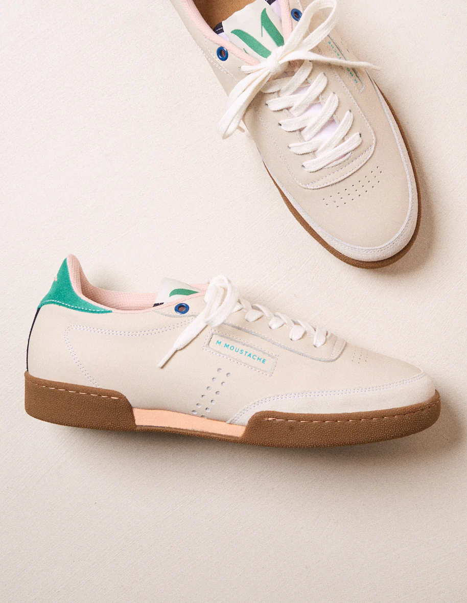 Baskets basses Anatole - Cuir écru turquoise saumon