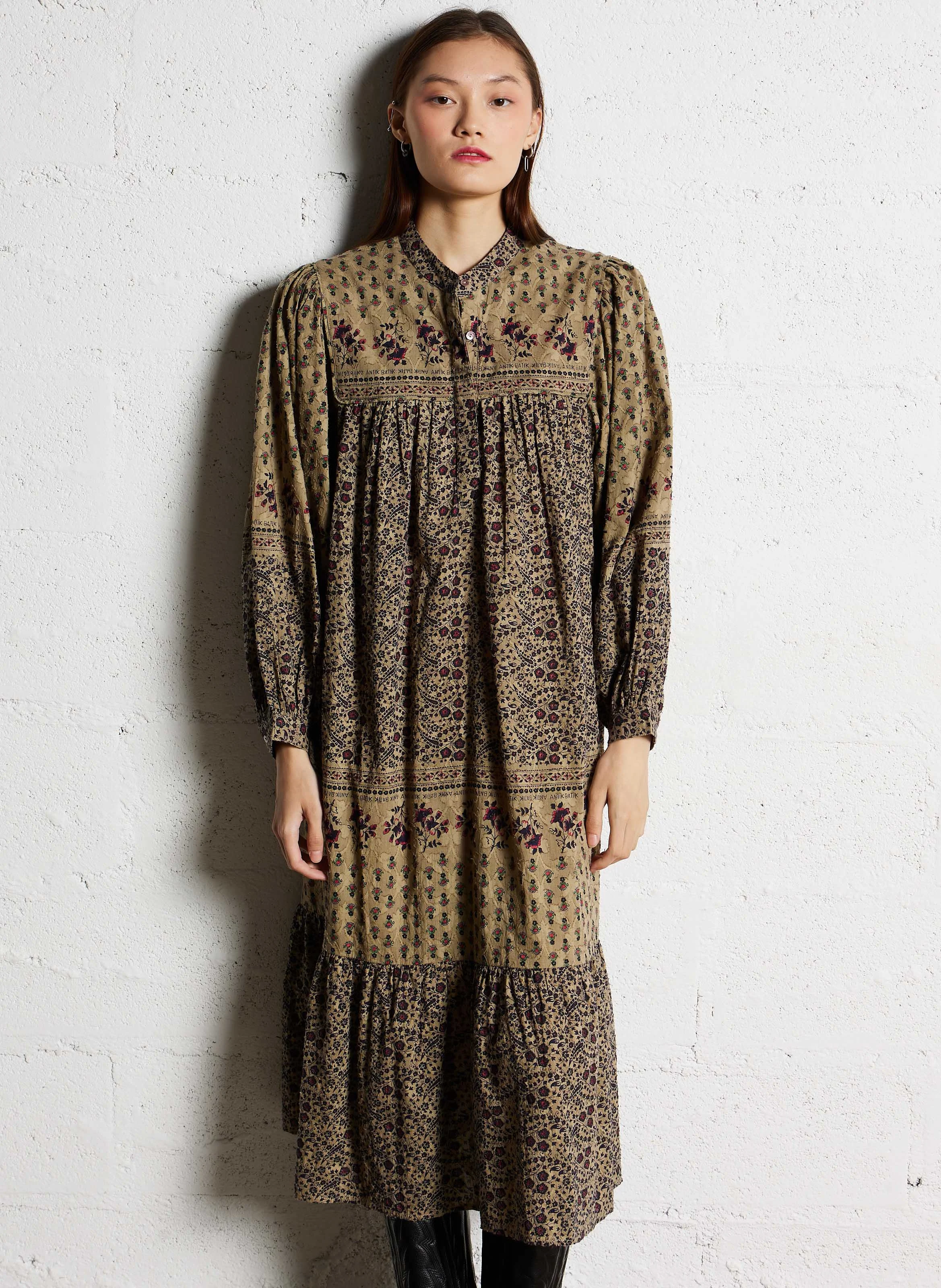 IRINA - Robe longue col rond droite en coton imprimé | Vert