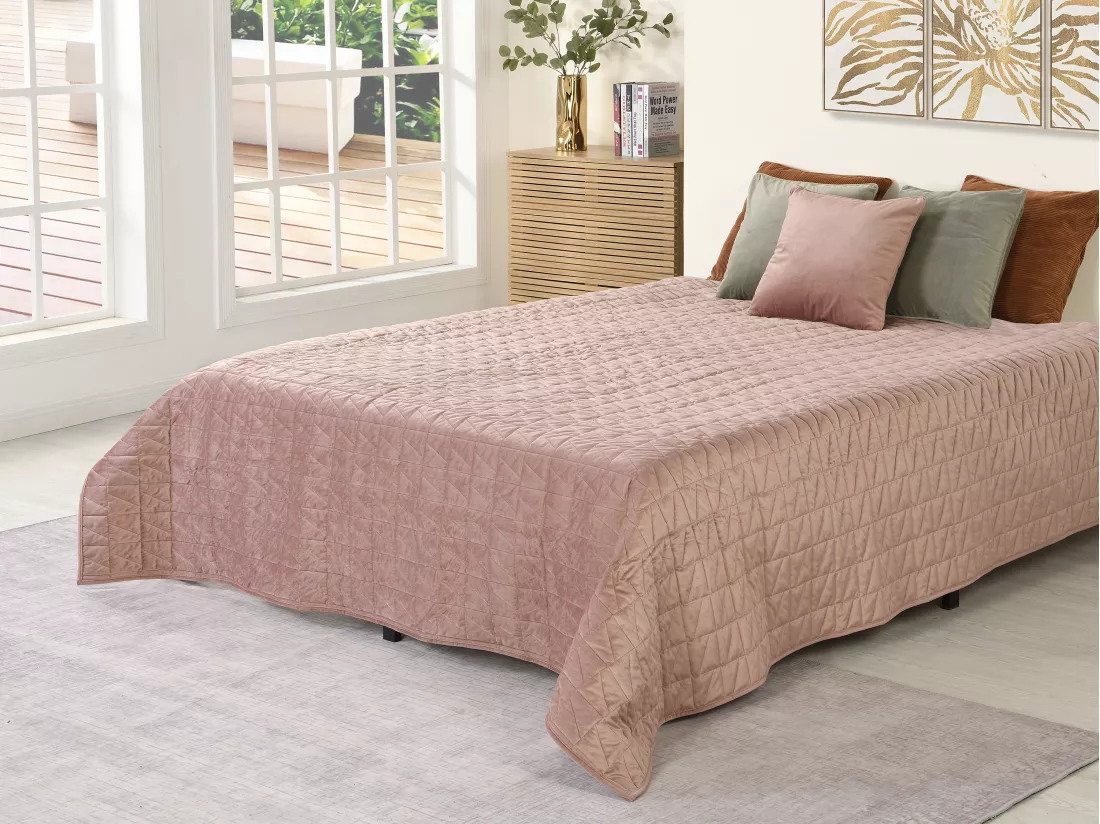 Couvre lit en velours matelassé - 225 x 220 cm - Rose poudré - IDELLA