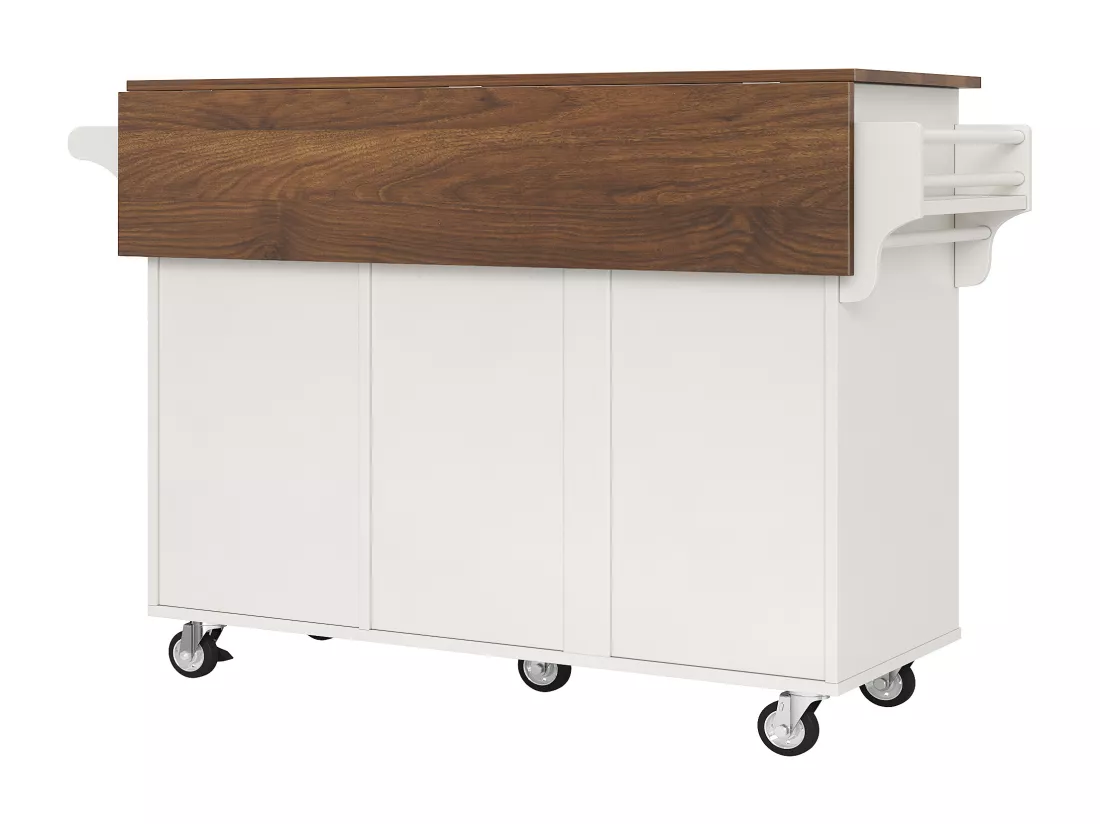 Ilot central de cuisine - chariot à roulette avec plateau extensible - 2 tiroirs et 2 portes - Blanc