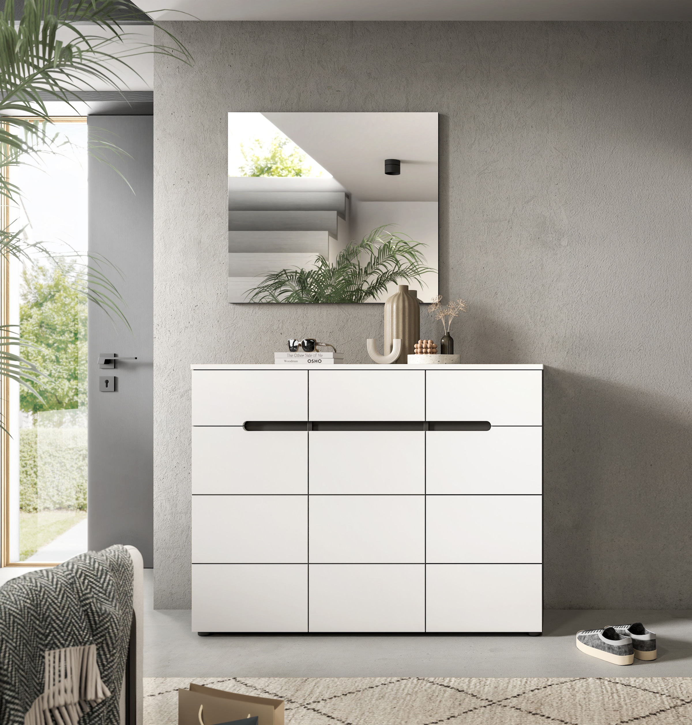 INOSIGN Garderobenschrank »REHAT, TOPSELLER!, Breite 120 cm, 3 Türen, 3 Schubkästen, 12 Fächer« in verschiedenen Farben erhältlich, Platz für ca. 24 Paar Schuhe, 1 Stk. tlg. Schuhschrank, Kommode, Schuhkommode, Anrichte, Sideboard