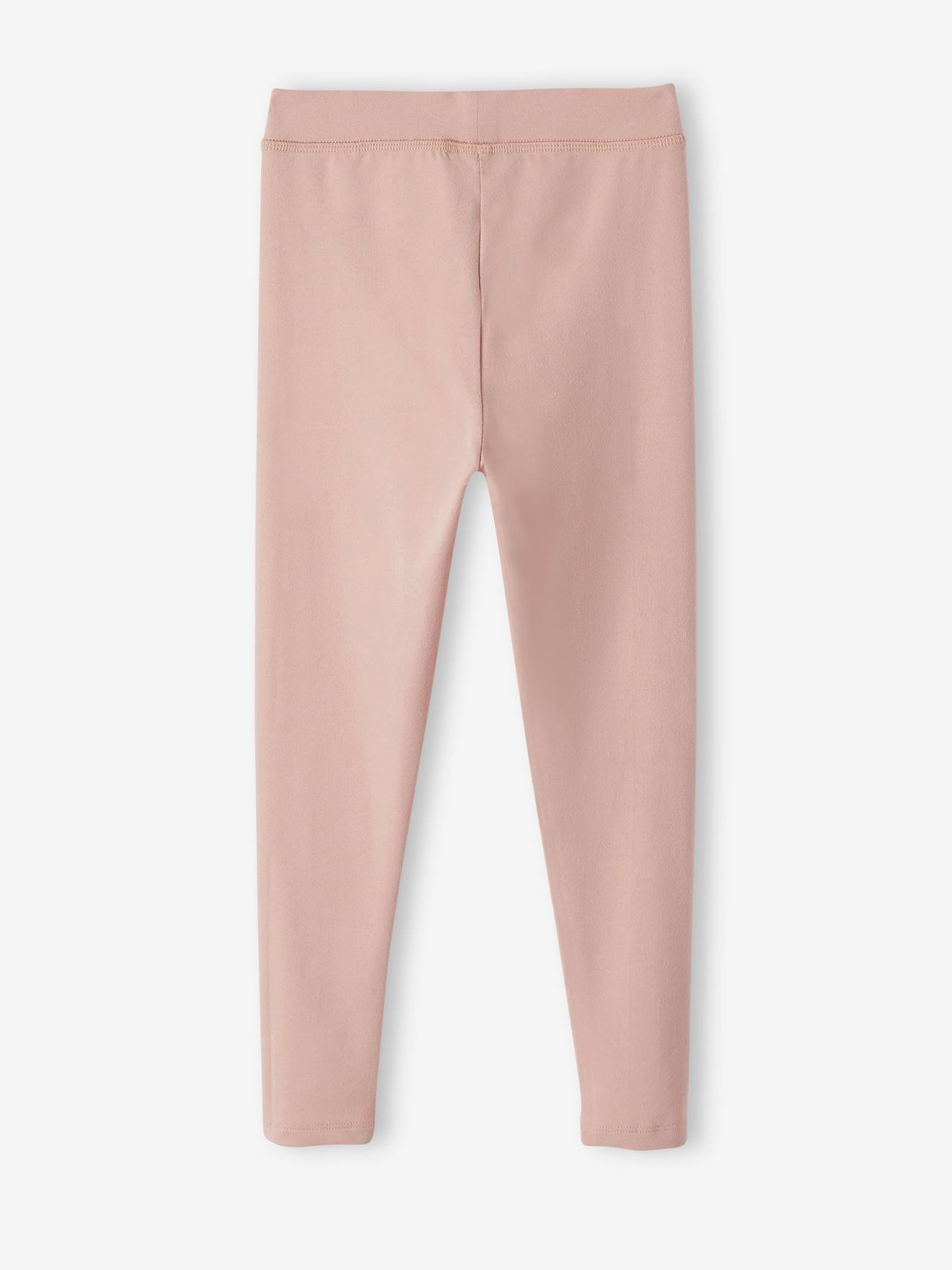 Leggings esportivas lisas rosa claro para meninas com letras metálicas na perna.