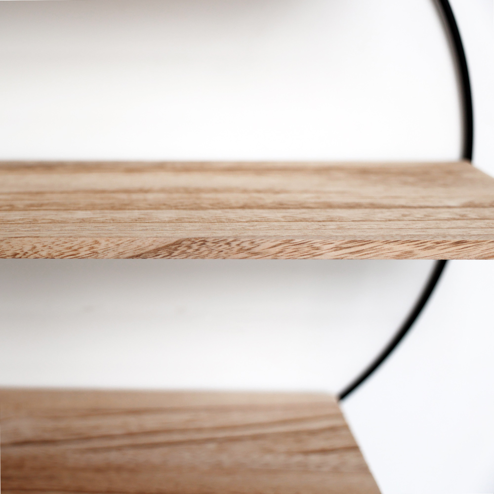 Etagère murale en métal noir - 3 planches en bois - ronde - 50x19 cm