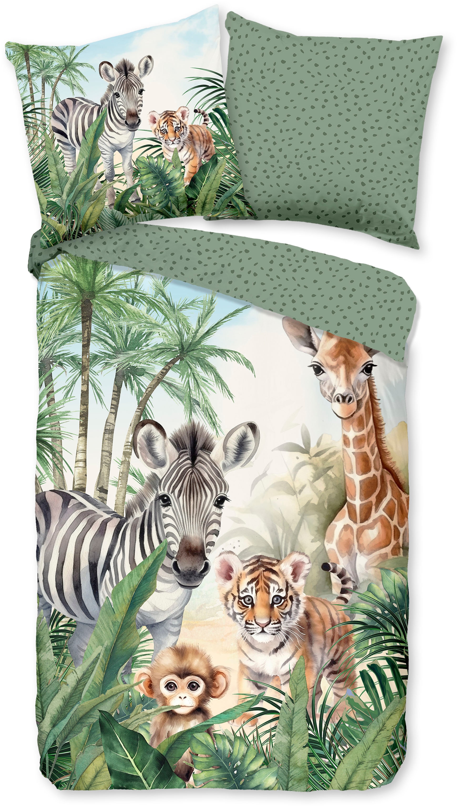 good morning Kinderbettwäsche »Thabo« 2 Stk. tlg. Baumwolle, 135x200, Wende, Kind, Zebra Giraffe Löwe Affe, safari, grün