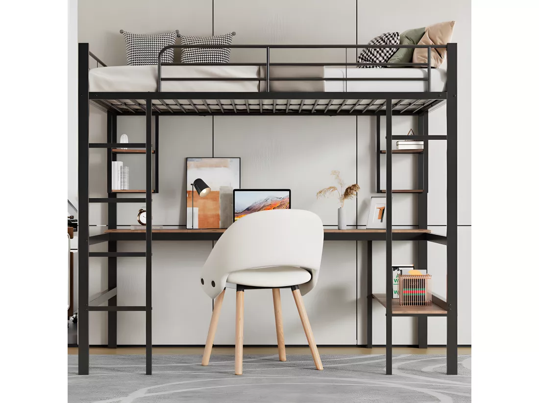 Lit mezzanine en fer - 90x200cm - avec bureau et 5 étagères - Noir