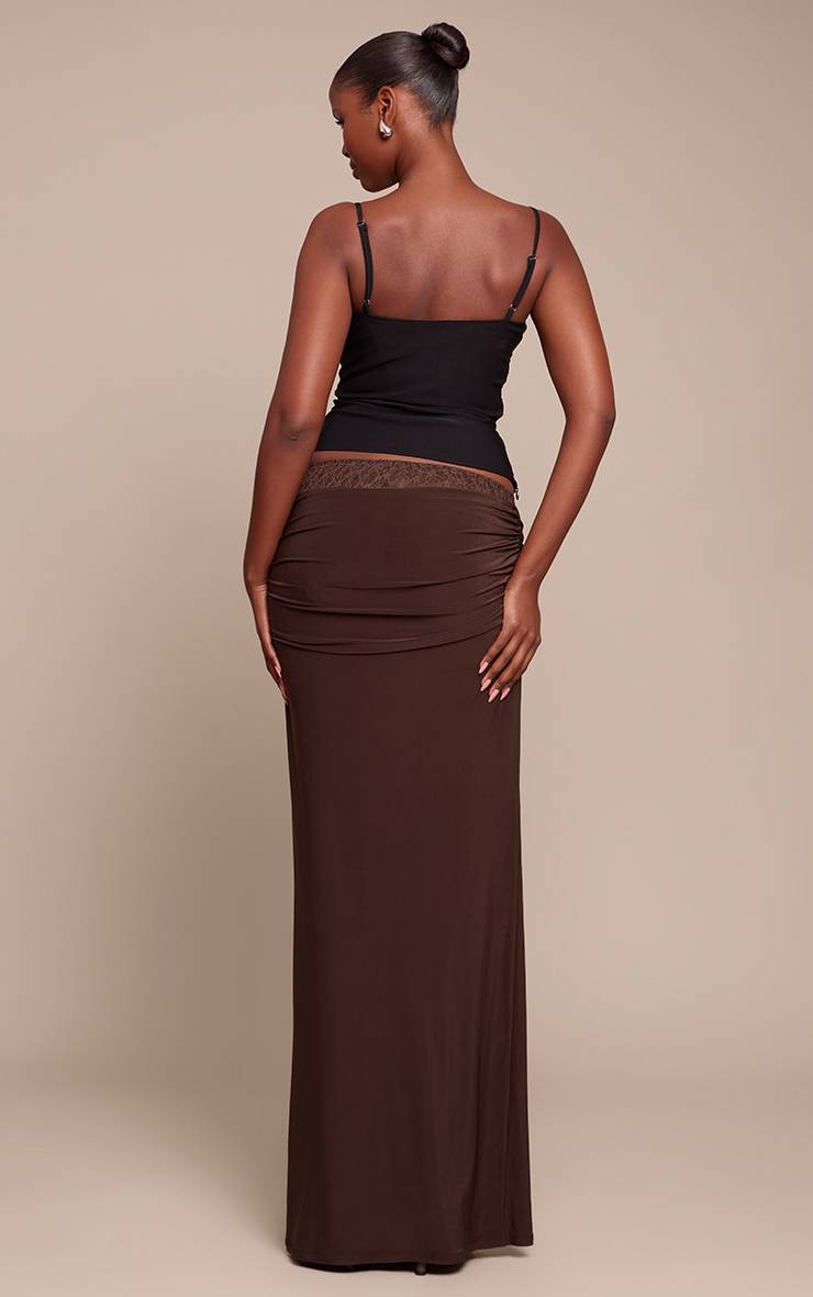 Dark Chocolate Jupe Longue Drapée En Slinky Double Avec Sous-couche En Dentelle