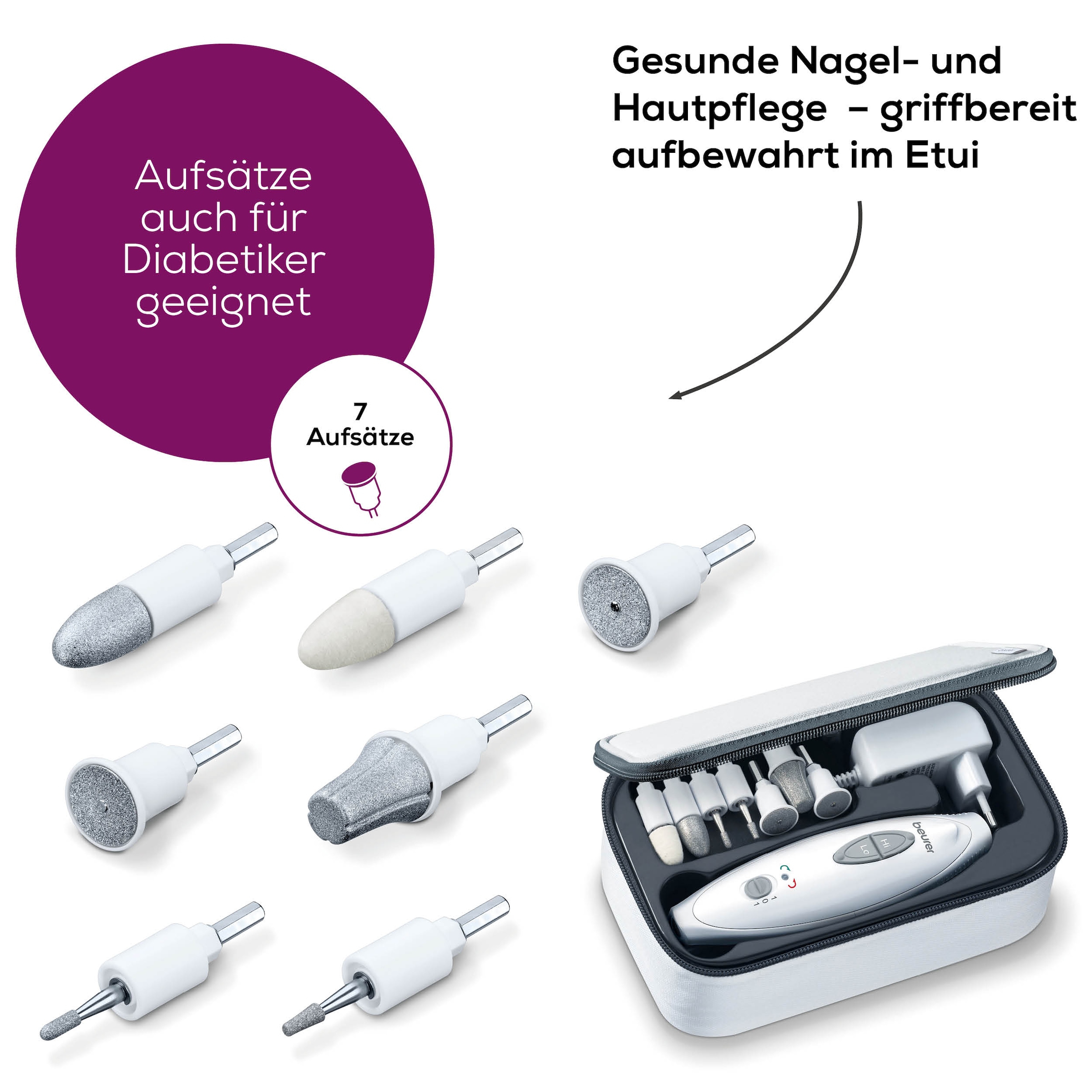 BEURER Maniküre-Pediküre-Set »MP 41 elektrische Nagelfeile, für gepflegte Hände und Füsse zuhause« Inkl. 7 Aufsätze aus Saphir und Filz, mit LED-Licht und Etui