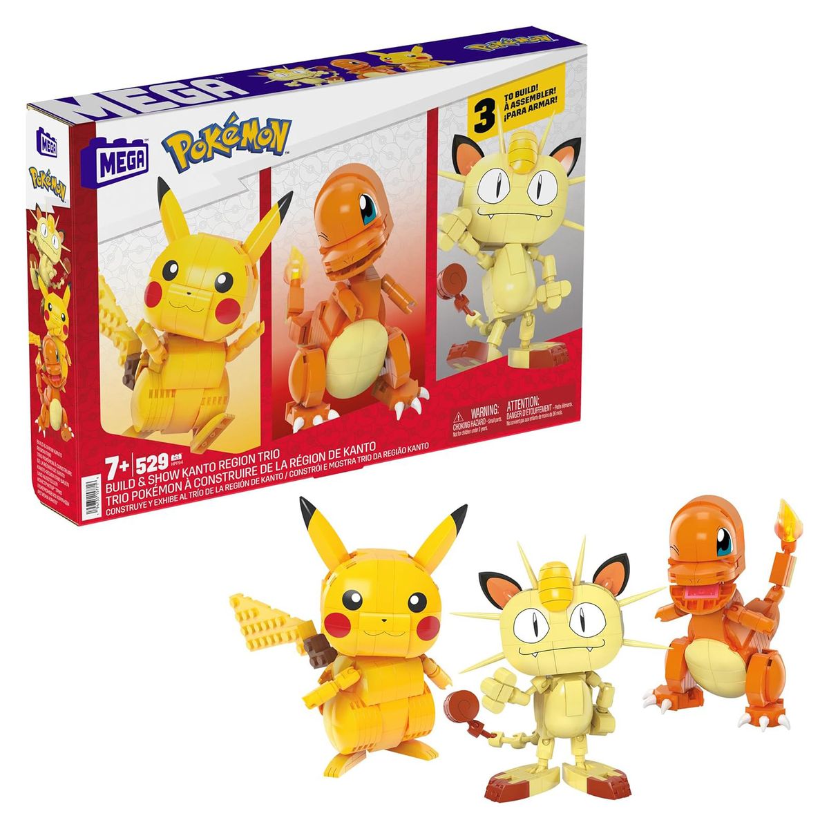 Mattel HPF94 - Mega - Pokémon - Bausatz, Kanton Region Trio - Pikachu, Glumanda, Mauzi