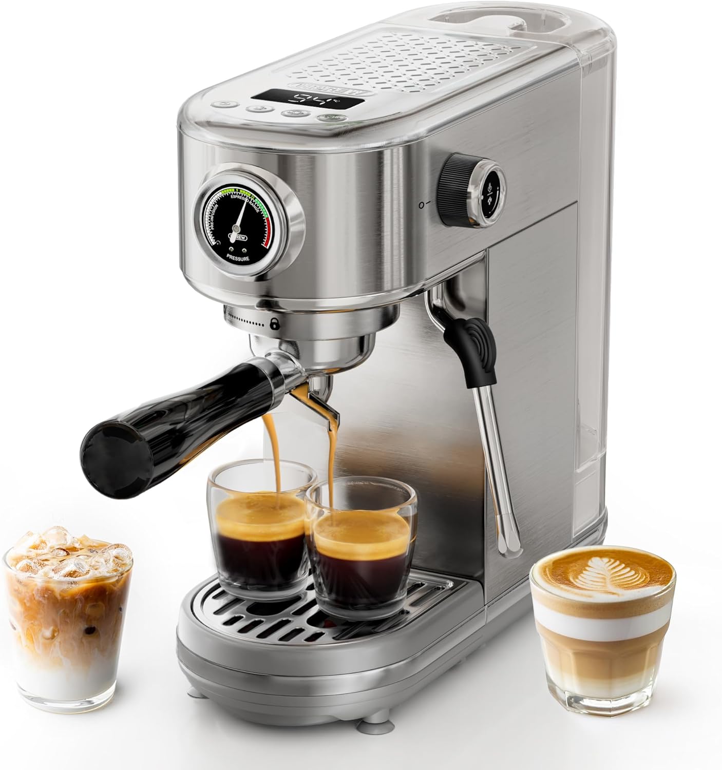 HIBREW Programmierbare Espressomaschine, H10B, gebürsteter Edelstahl, einstellbare Temperatur und Tassenvolumen, Dampfreiniger für Milchaufschäumer