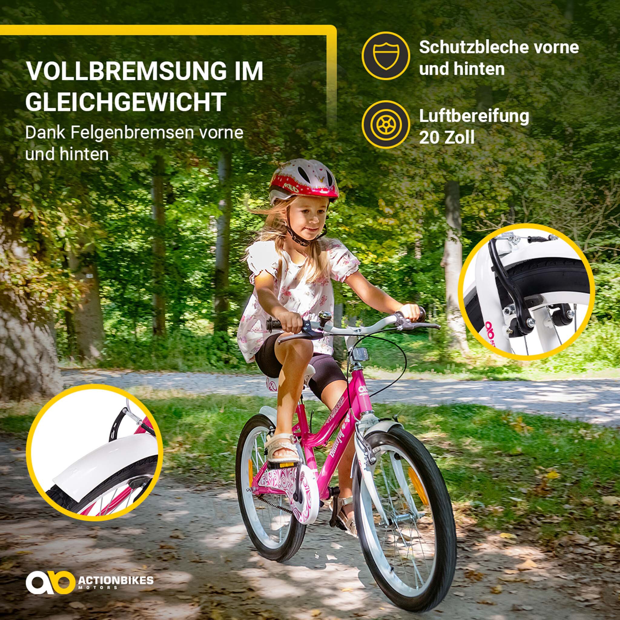Actionbikes Kinderfahrrad Butterfly 20 Zoll, Pink, Fahrradständer, Kettenschutz, Antirutschgriffe (Weiß/Pink)