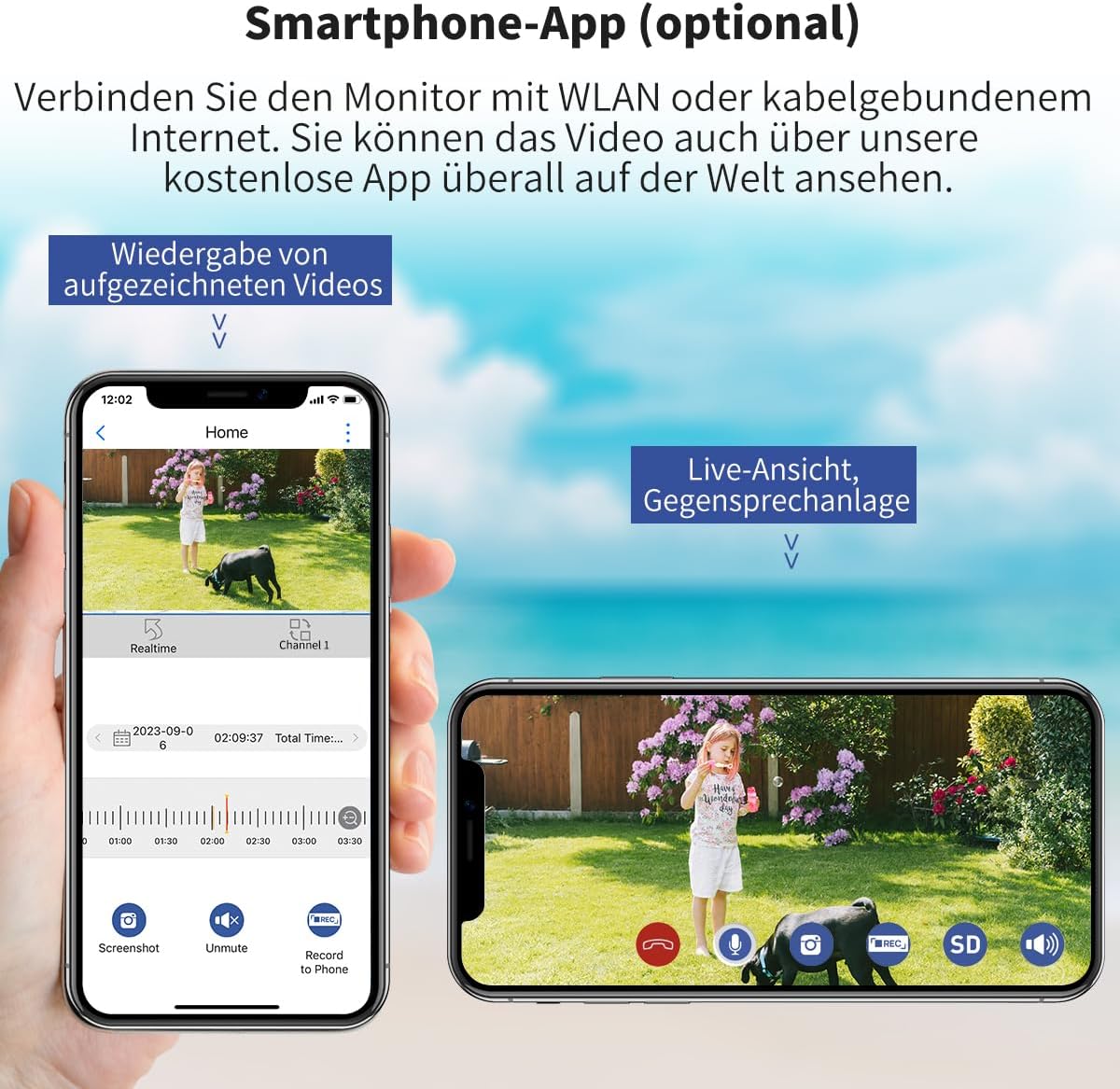 SecuFirst 2K Überwachungskamera Aussen Set mit Monitor,4X Kameras Überwachung ohne WLAN +7 Zoll Touchscreen Funk NVR Bildschrim,Gegensprech oder Wiedergabe von Aufnahmen über Monitor und APP.