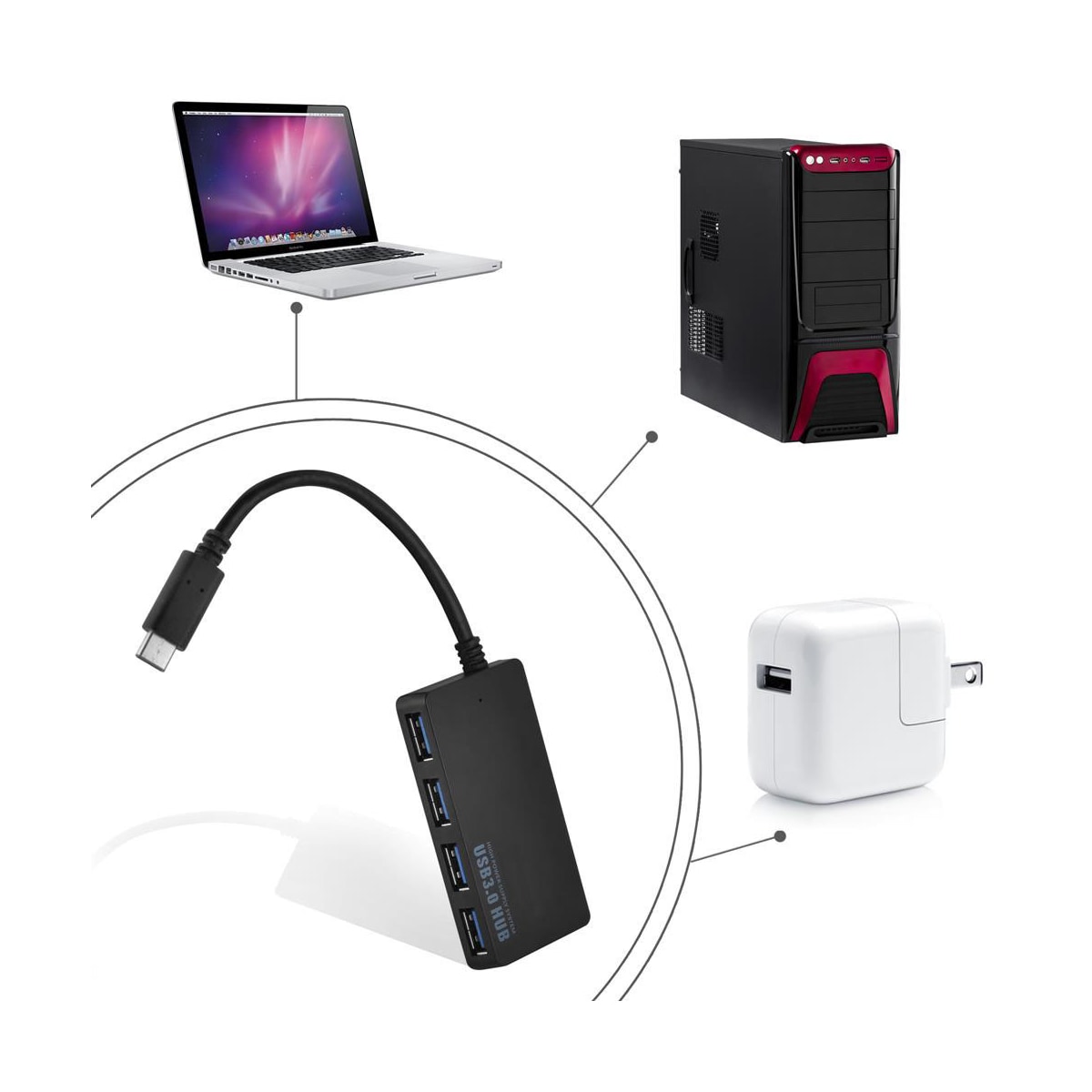 4-Port USB 3.0 USB-hub med flere grensesnitt Plug &