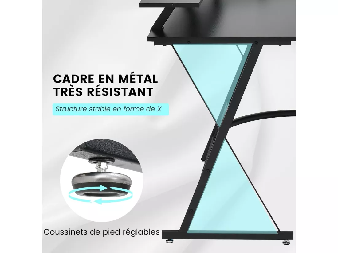 Bureau d'angle 130 x 130 cm, Bureau d'Ordinateur en Forme de L avec Long Support de Moniteur, Plateau à Clavier, Table Informatique avec 2 Prises de Courant & 2 USB (Noir)