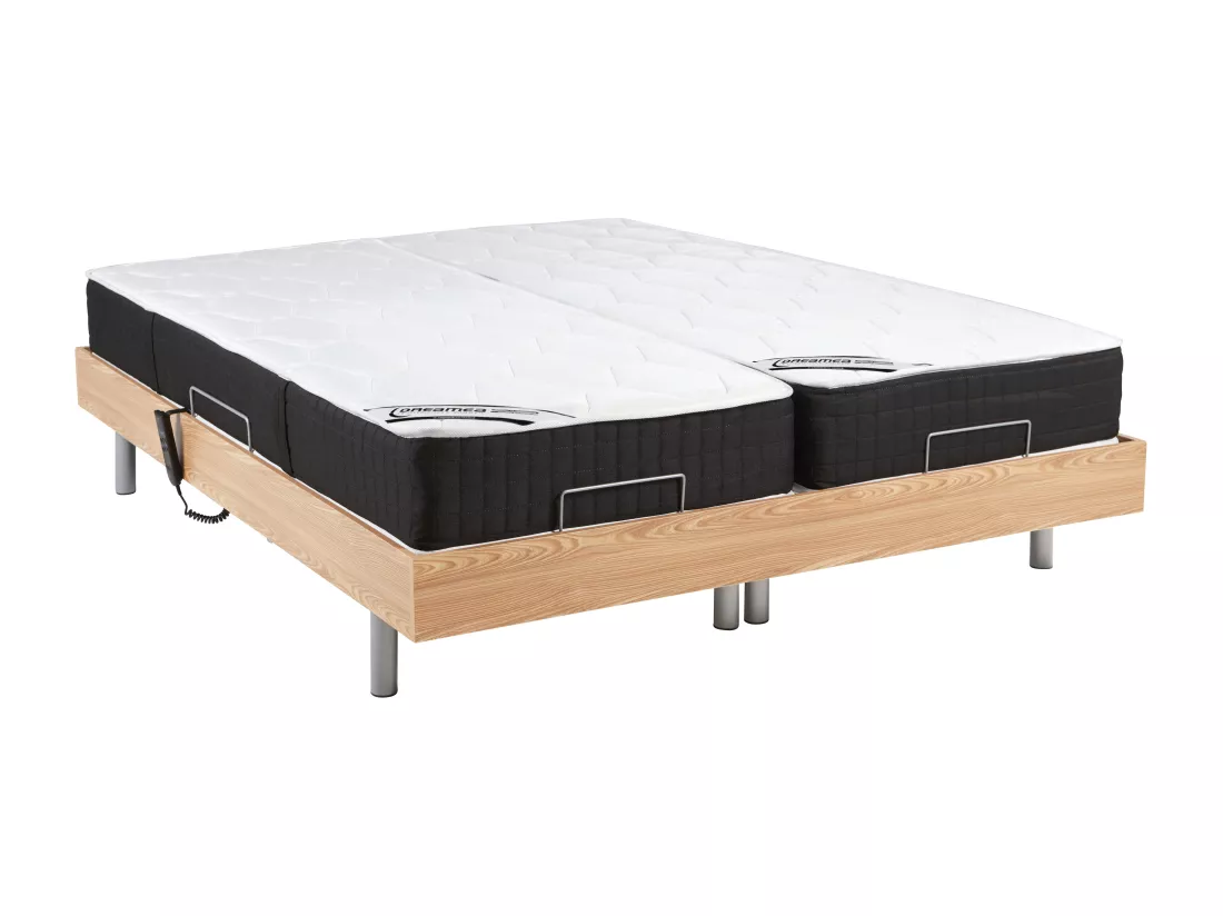 Lit électrique de relaxation tout plots + matelas ressorts ensachés et mémoire forme - 2 x 80 x 200 cm - Chêne - PHANES de YSMÉE