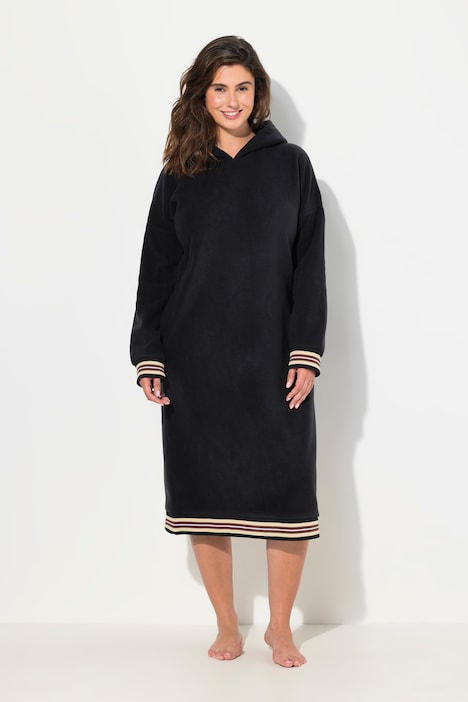 Loungewear-Fleecekleid, Kapuze, Stickerei, Langarm
