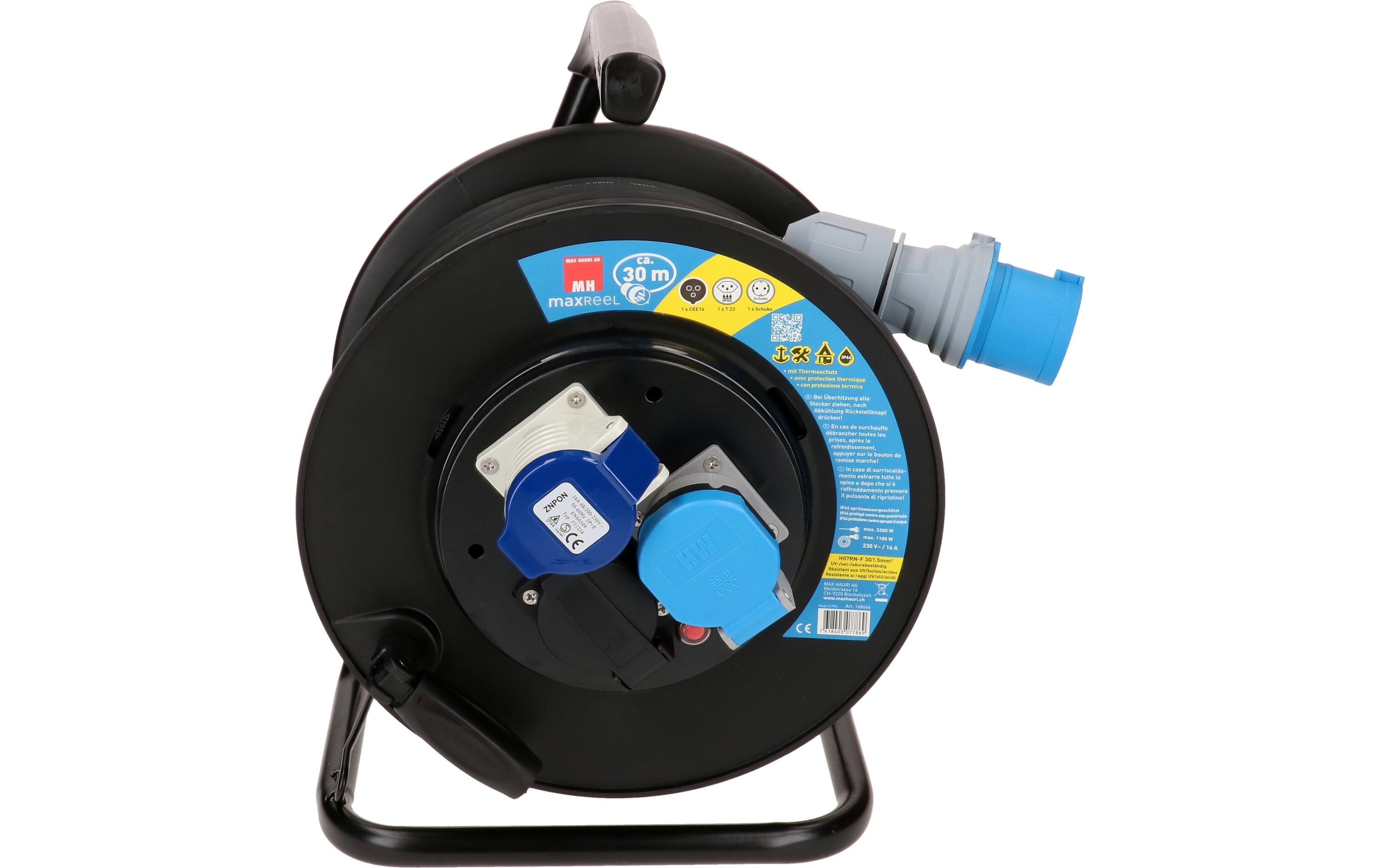 Kabelrolle 30 m, 1x T23, 1x CEE16/3, 1x Schuko, Schwarz<br>30 m Kabeltrommel mit Metallrahmen für den Aussenbereich