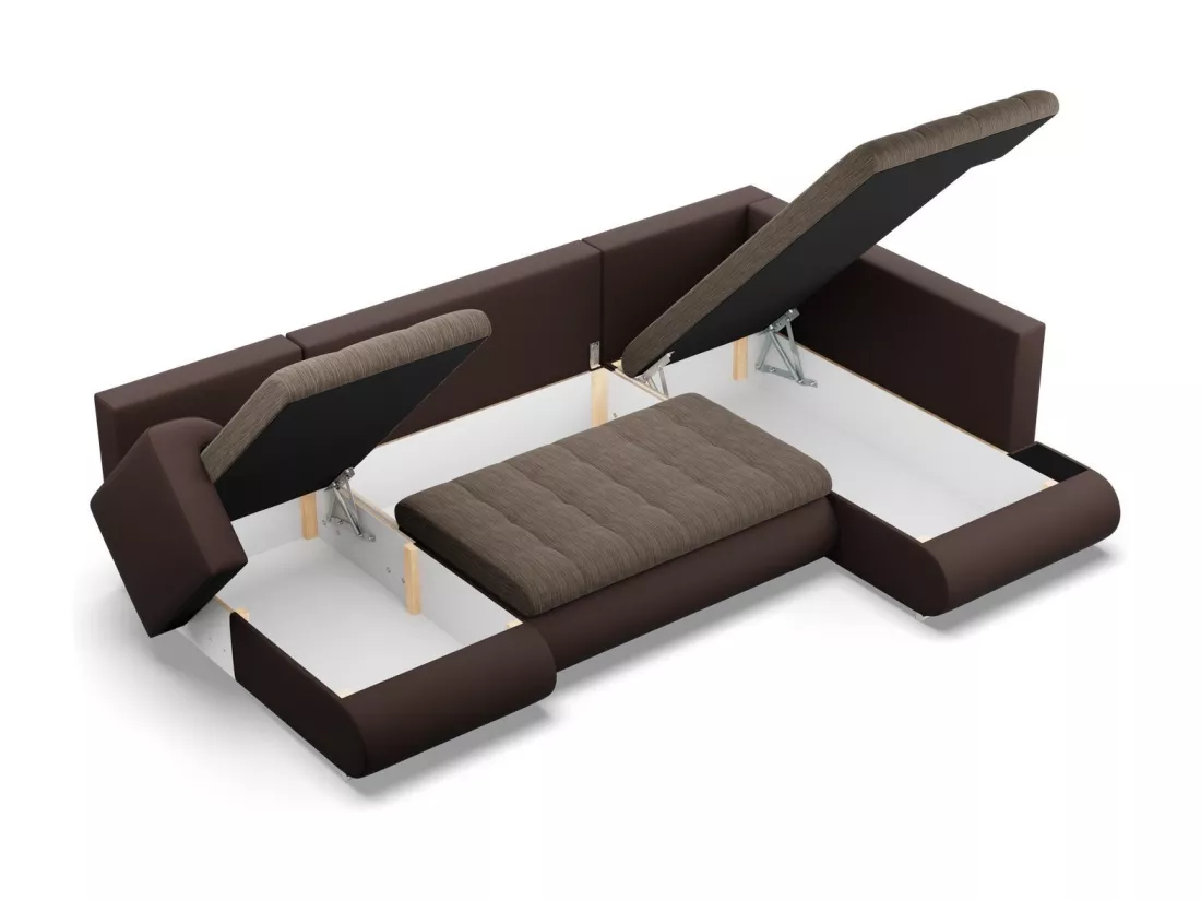 Canapé d'angle en U avec fonction sommeil, Ottoman, Brun + Brun