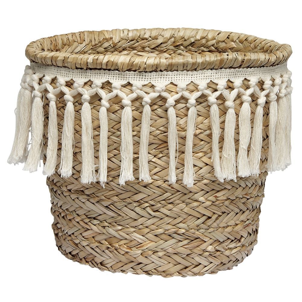 Panière ronde en jonc décor macramé Ø19 cm