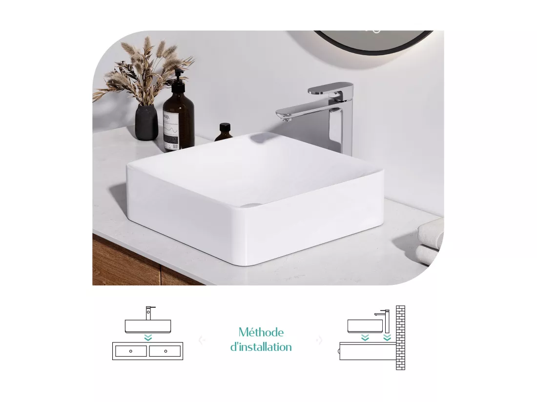 EMKE Vasque à Poser en céramique 59,5×39,5×12cm, Lavabo salle de bain rectangulaire, Lavabo à poser blanc brillant