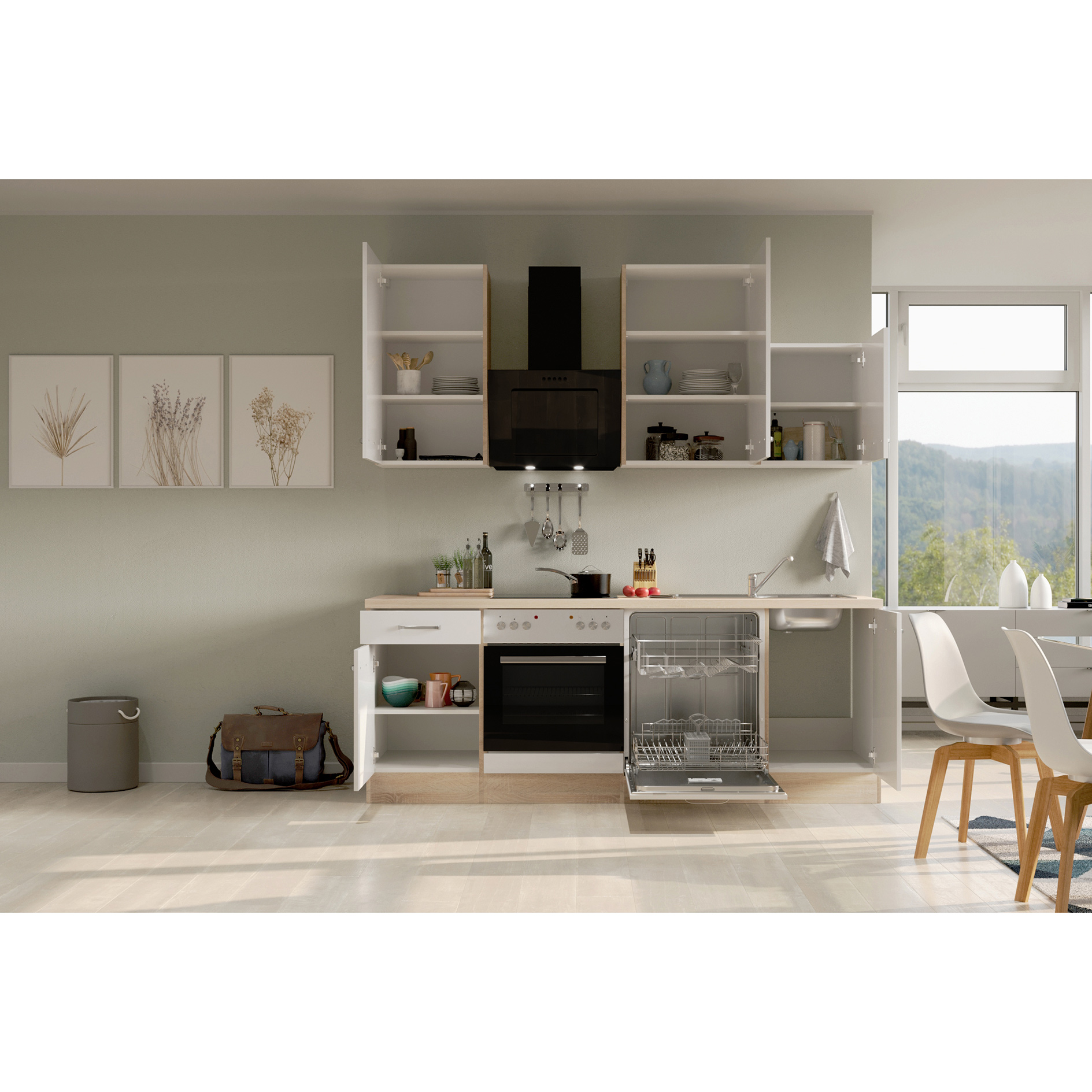 Küchenblock VALERO - weiß Hochglanz - Sonoma Eiche - mit E-Geräten - 220 cm