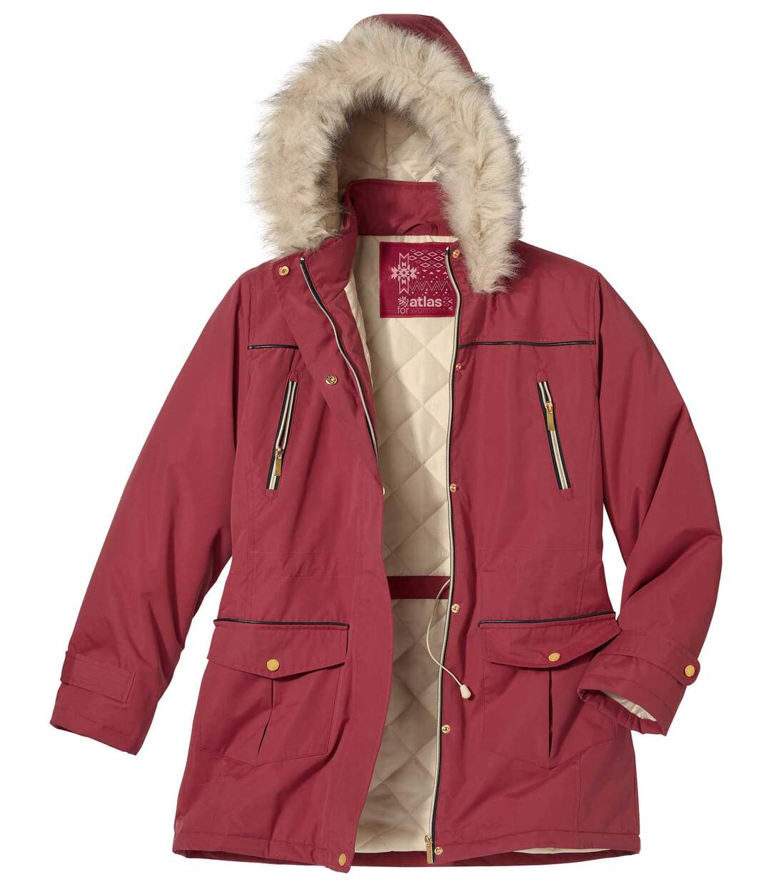Parka Multipoche à Capuche Fausse Fourrure