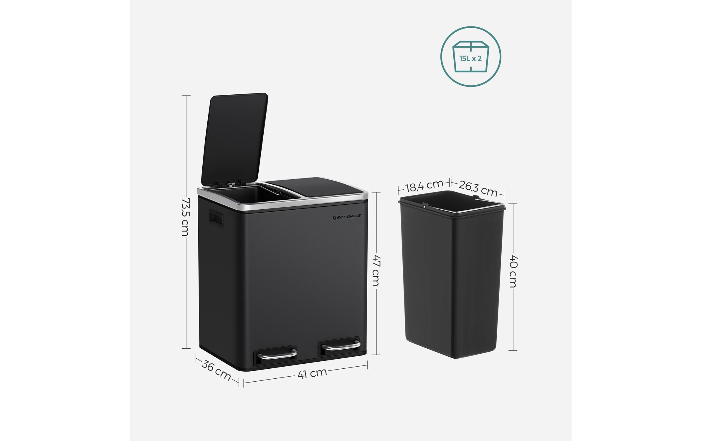 Abfalleimer 30 l, Schwarz<br>Treteimer mit zwei Fächern