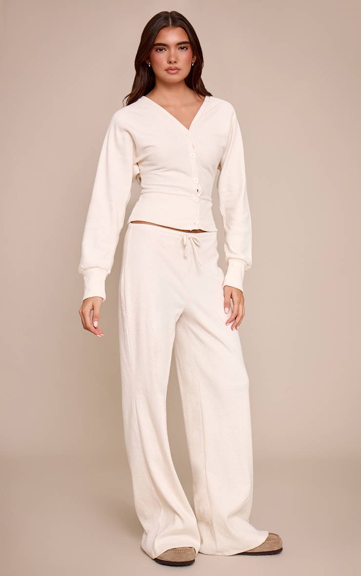 Ecru Pantalon Large Taille Basse Côtelé Doux Ensemble Coordonné