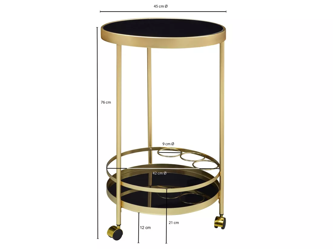 desserte table d'appoint dorée sur roulettes chariot de salle à manger en verre rond Ø 45 cm