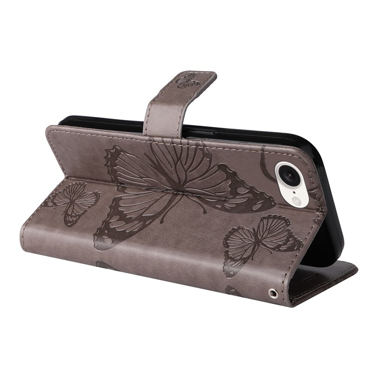 iPhone 16e Leder Tasche mit Kartenfach   Handschlaufe Schmetterling - Grau