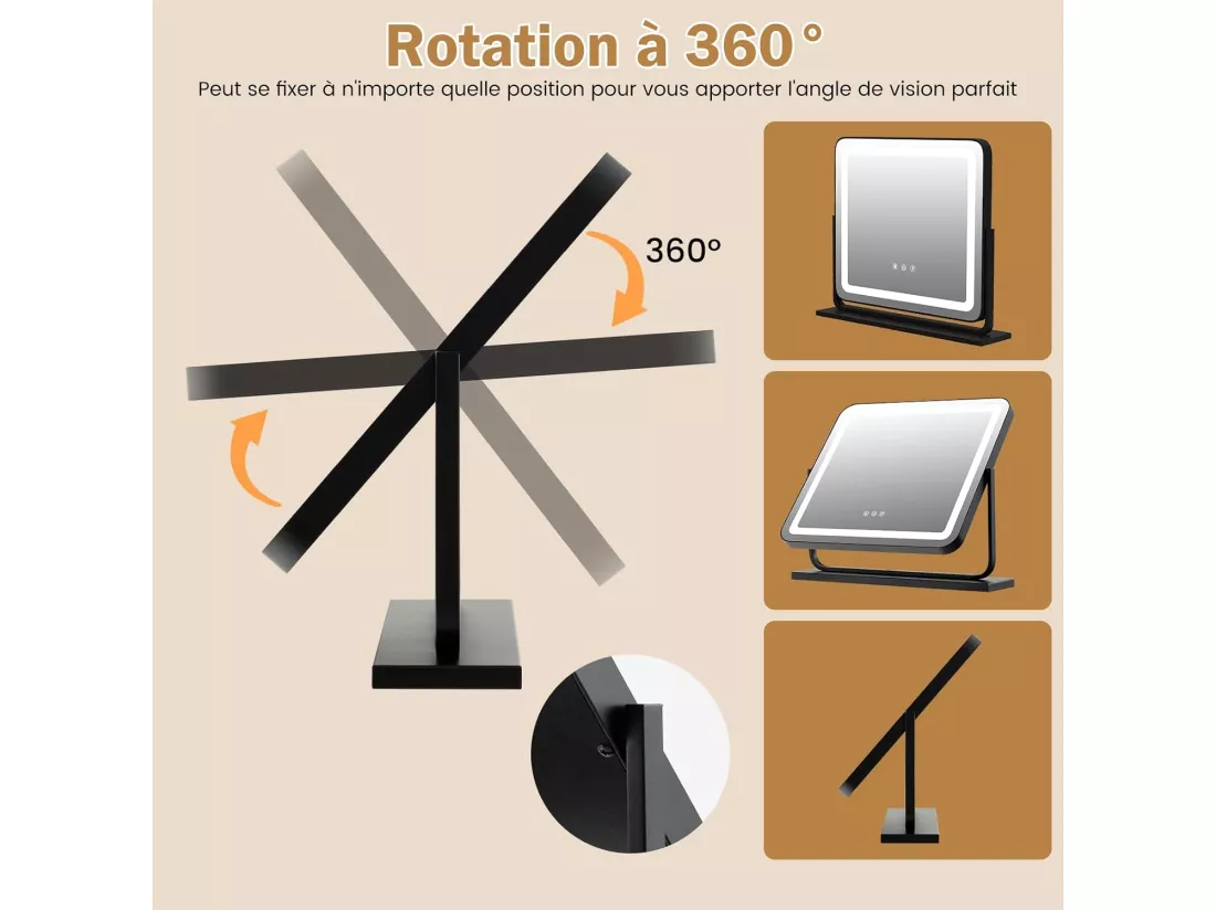 Miroir maquillage lumineux rotatif à 360°, 3 modes d’éclairage de couleur