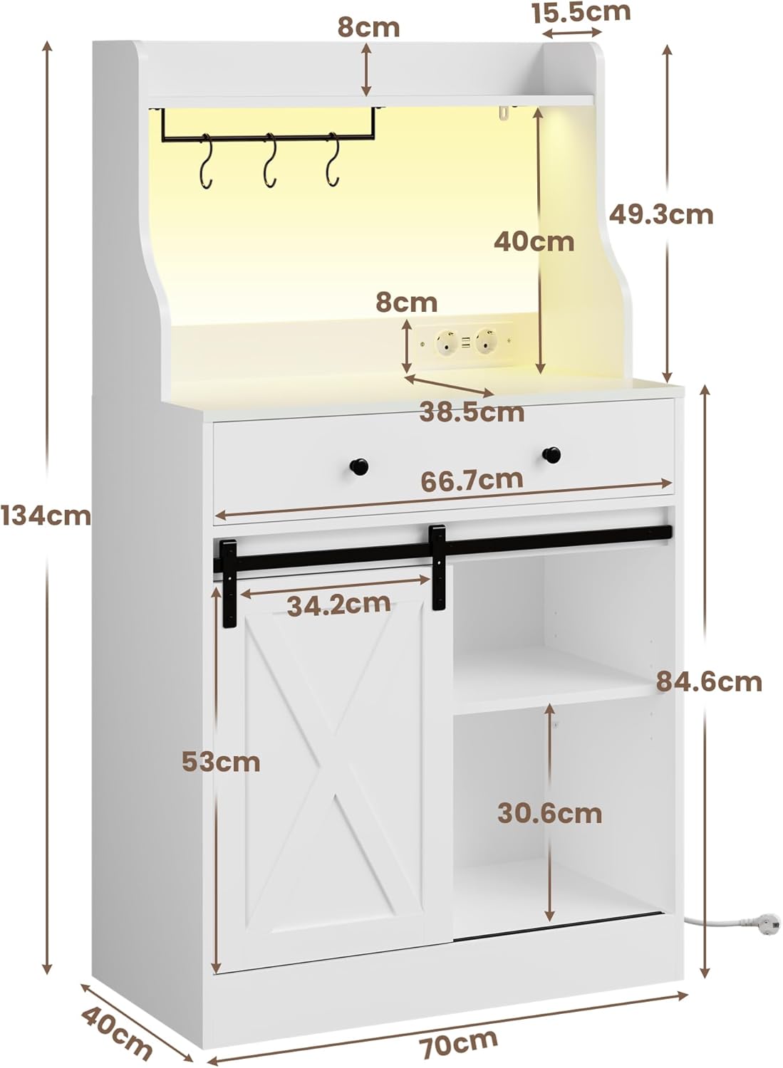 Küchenschrank, Sideboard mit LED, Steckdose, Große Schublade, Buffetschrank mit Arbeitsplatte, Verstellbaren Ablagen, 3 Hakens, Großer Stauraum, für Küche Wohnzimmer, Esszimmer, Weiß