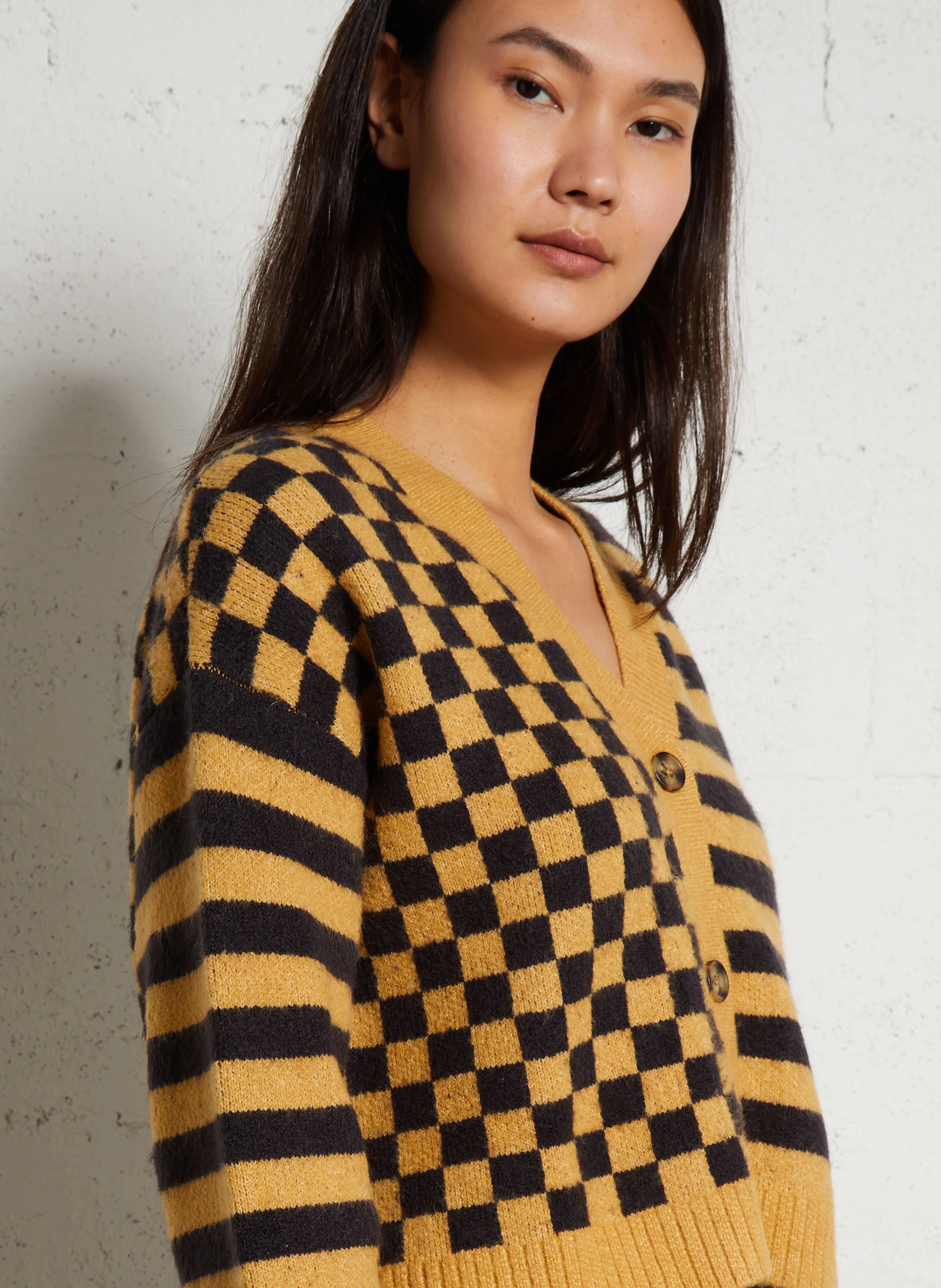 CHECK YA - Gilet col V damier | Beige
