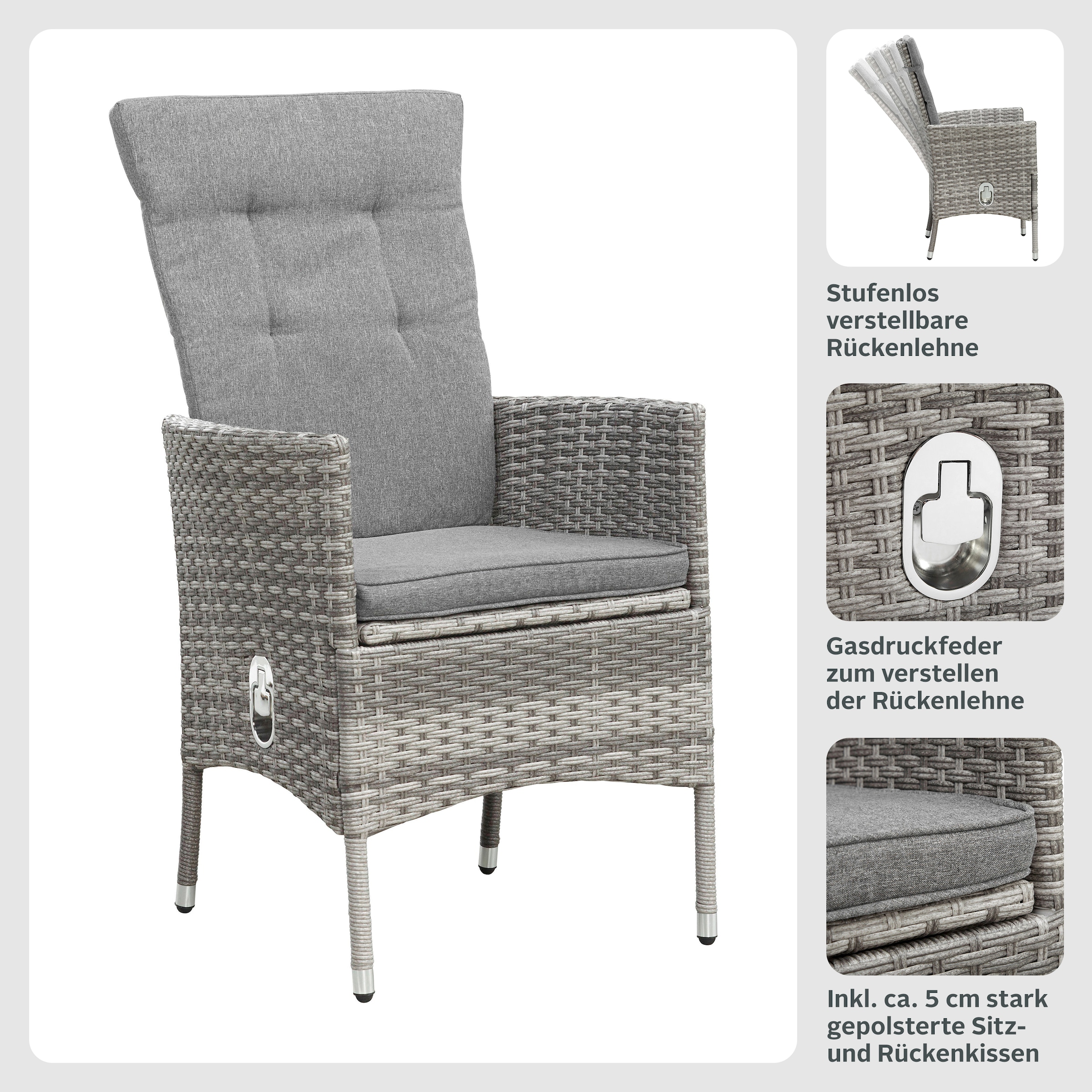 KONIFERA Garten-Essgruppe »Belluno« 10x Sessel, 1x AZ-Tisch 179-300x73/89cm, inkl. Auflagen, Polyrattan, 21 Stk. tlg. 2 der 10 Sessel stufenlos verstellbar, Tischplatte aus Sicherheitsglas