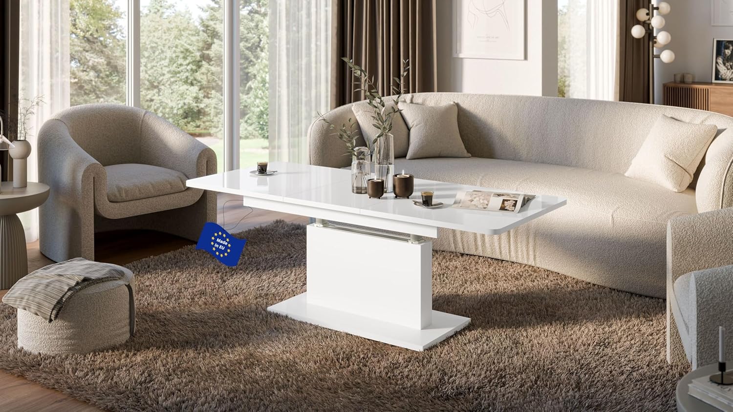 designimpex DC-1 Couchtisch ausziehbar höhenverstellbar 126/168cm in Weiß Hochglanz modern vielseitig Wohnzimmertisch Esstisch Beistelltisch Sofatisch platzsparend hochwertig Wohnzimmer Coffee Table