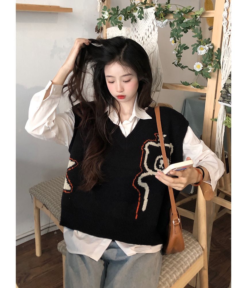Shinsei - V-hals beren jacquard trui vest / lange mouwen effen shirt