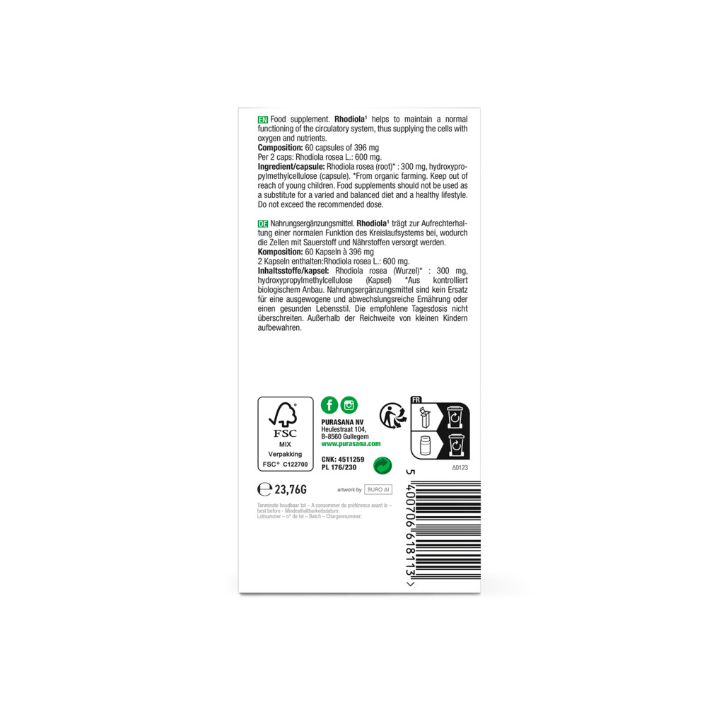 Purasana Rhodiola Rozenwortel Bio60 capsules