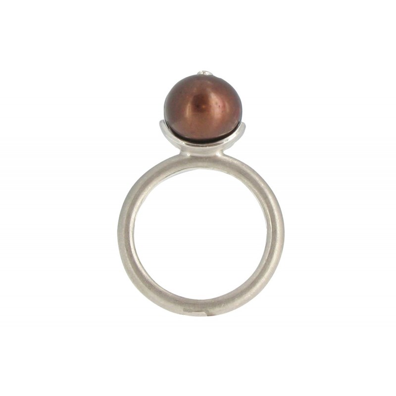 Bague Argent Rhodié Perle de Culture 11 mm Cuivrée et son Strass