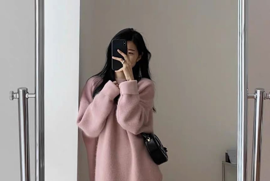 Erione - Ronde hals, effen, oversized trui met split
