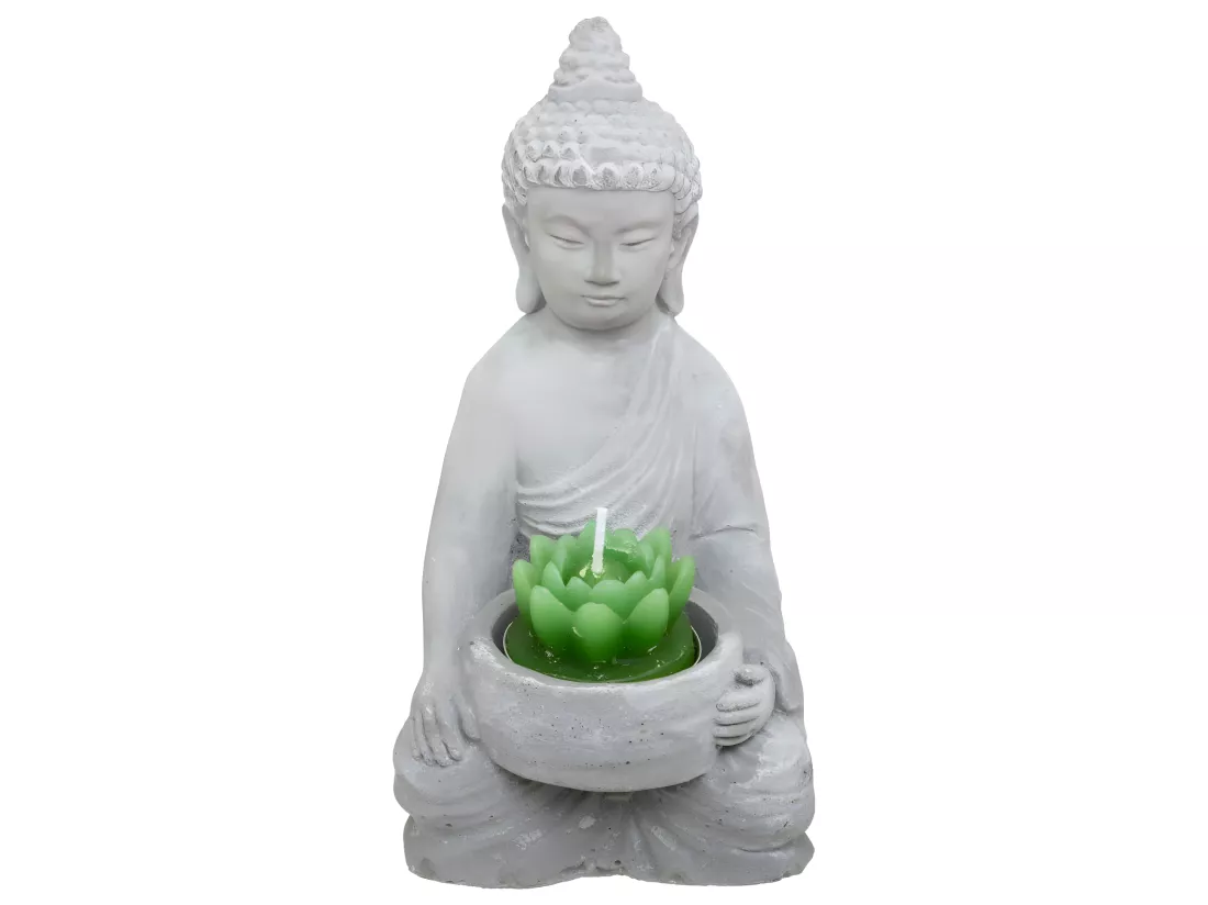 Bouddha Photophore en ciment et verre H 15 cm