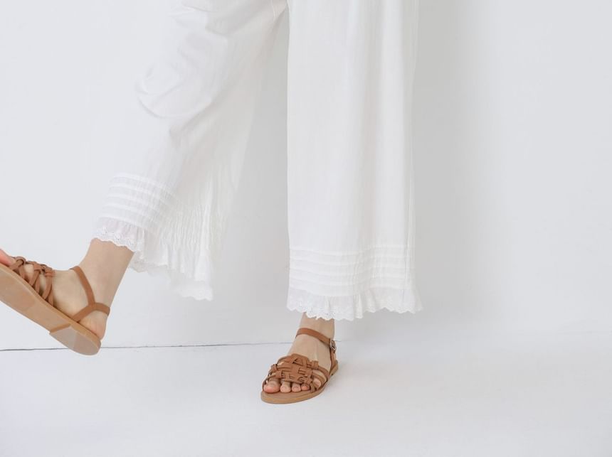 College Affair - Elastische taille, effen oogjes, kanten rand, geplooide cropped broek met wijde pijpen